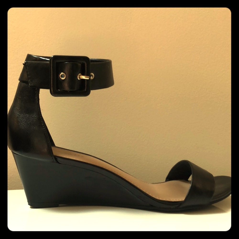 Black wedge ankle strap sandals